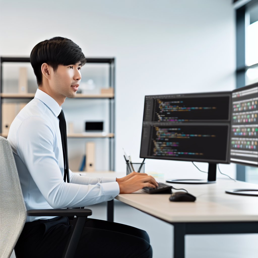 Employees in a Ningbo office working securely on laptops with Microsoft 365 China, surrounded by digital security icons