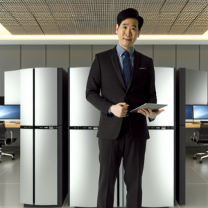 Illustration of a Changshu business office utilizing SD-WAN technology for stable high-latency network connections.