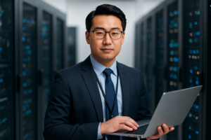 Illustration of a Changzhou automotive factory with digital security icons and professional staff symbolizing TISAX compliance