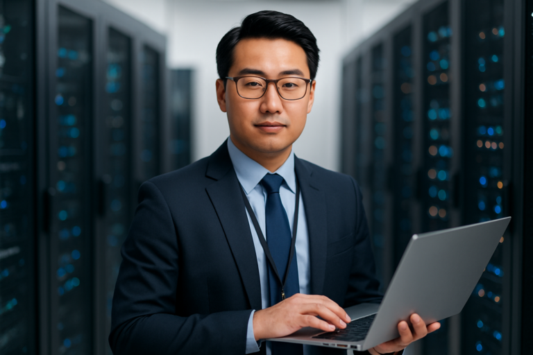 Illustration of a Changzhou automotive factory with digital security icons and professional staff symbolizing TISAX compliance