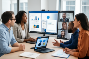 Team collaborating remotely using Windows 11 Copilot desktop sharing on multiple devices in a modern office.