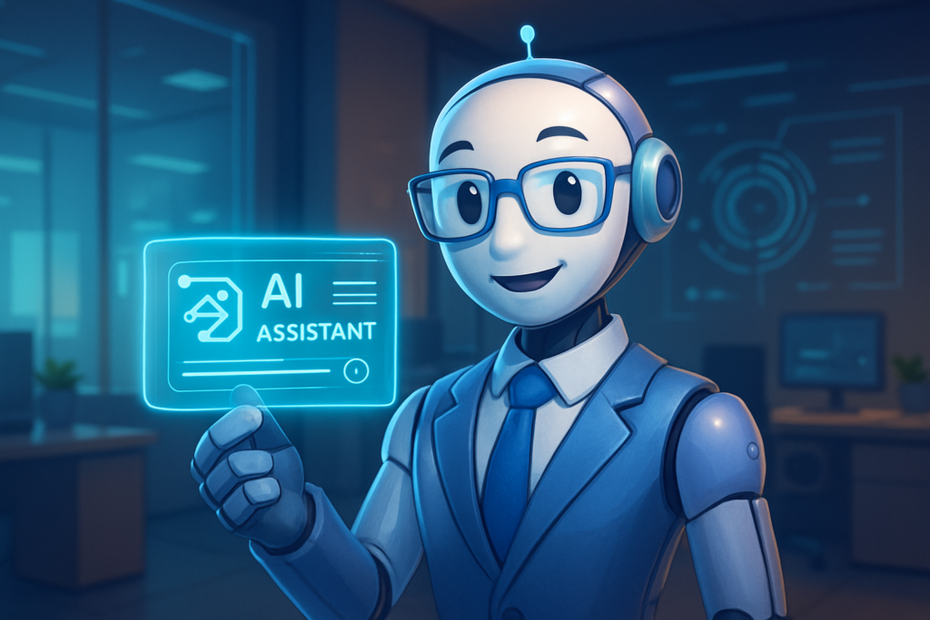 Digital illustration of an AI assistant holding a business card in a high-tech office environment