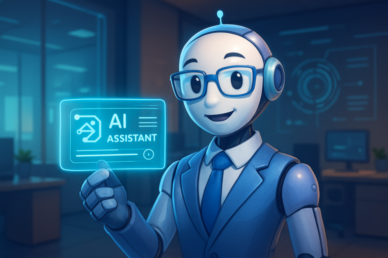 Digital illustration of an AI assistant holding a business card in a high-tech office environment