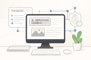 Graphic illustration of AI-generated content labeled with metadata and digital fingerprint