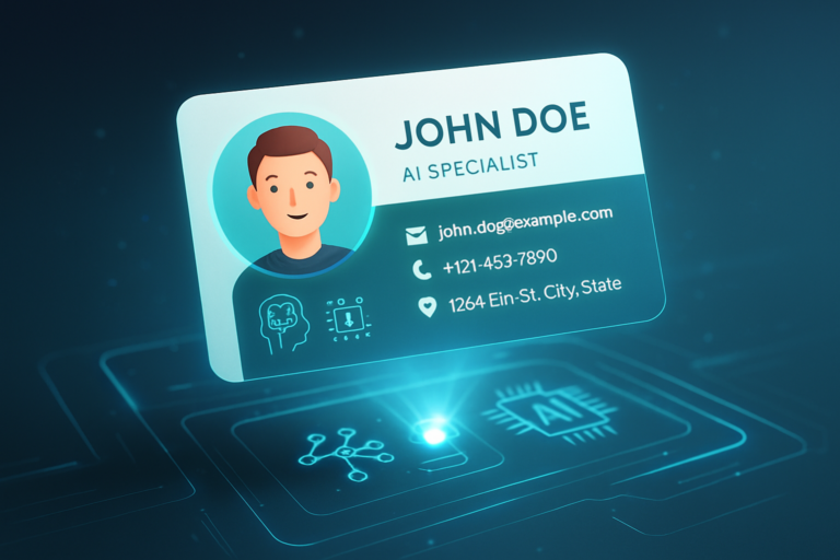 Futuristic digital business card with AI avatar and contact details