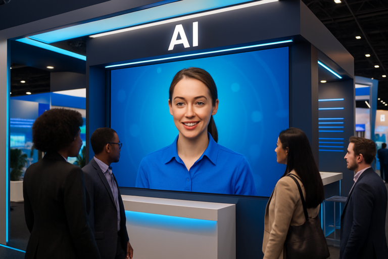 A virtual AI host engaging visitors at an enterprise exhibition booth