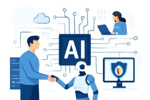 Digital illustration showing safe AI integration in traditional IT systems with interconnected circuits and human collaboration