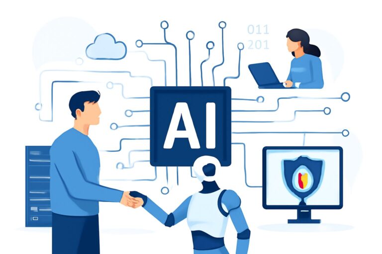 Digital illustration showing safe AI integration in traditional IT systems with interconnected circuits and human collaboration