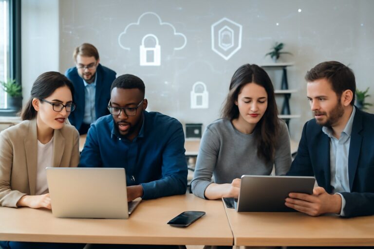 Corporate teams collaborating in a modern office environment with digital security and cloud icons overlay