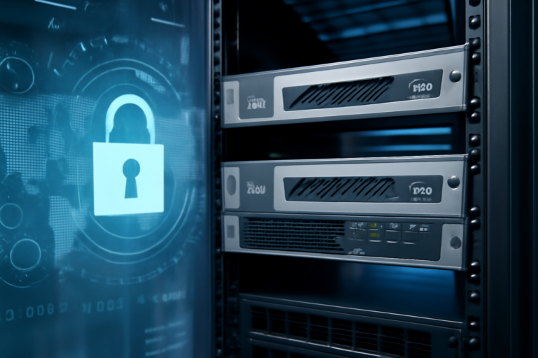 Cisco ASA device in a data center with digital security graphics representing network protection
