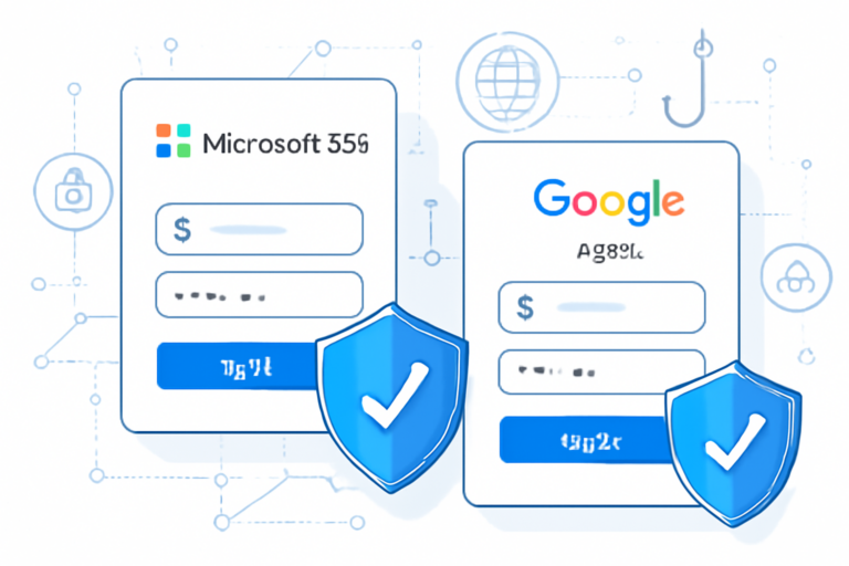 Illustration of secure login screens for Microsoft 365 and Google accounts with shield icons representing protection against phishing attacks