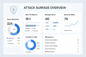 A clean cybersecurity dashboard showing network devices, cloud assets, and security alerts for attack surface management