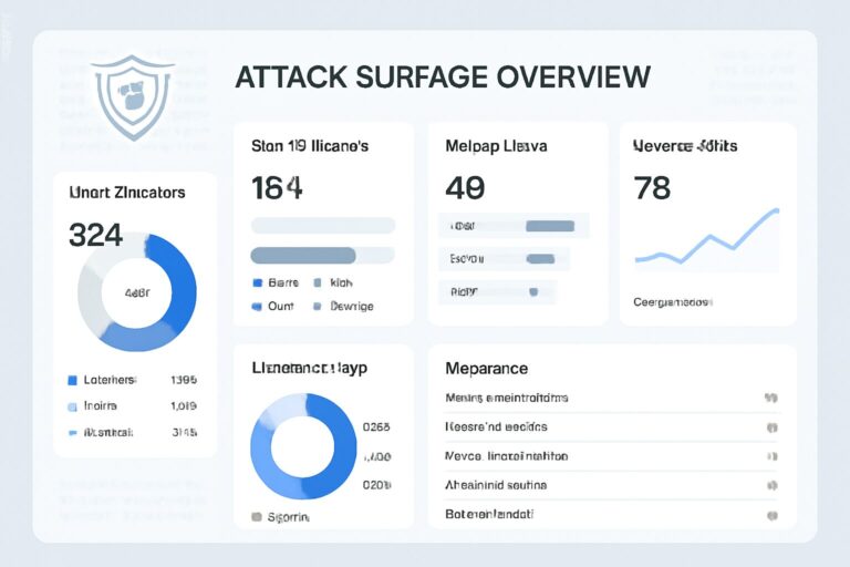 A clean cybersecurity dashboard showing network devices, cloud assets, and security alerts for attack surface management