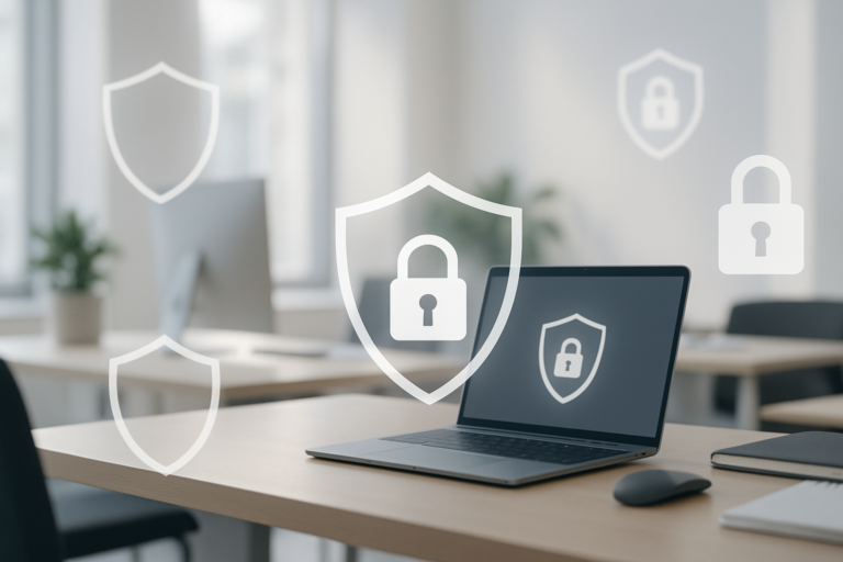 Illustration of a secure modern office network protected from ransomware threats.