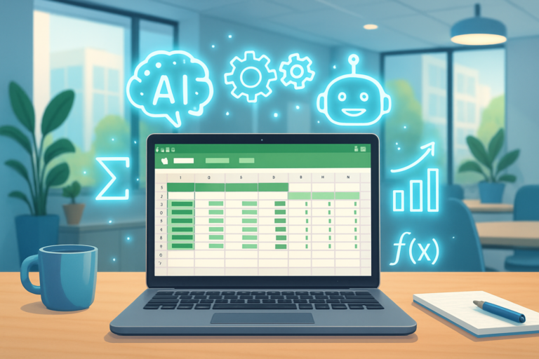 An open laptop showing Excel with AI icons symbolizing automated formula correction in a bright office setting