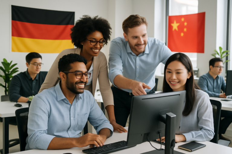 German and Chinese IT professionals collaborating in a modern office environment