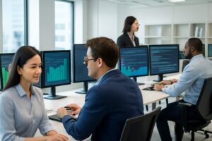 Professionals in a modern office analyzing cybersecurity logs on multiple screens