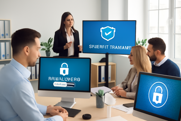 Office scene illustrating cybersecurity measures with encrypted data and security training
