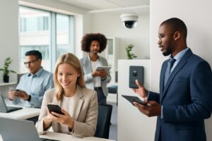 Office setting with employees practicing internal security measures including smart device usage and physical access controls