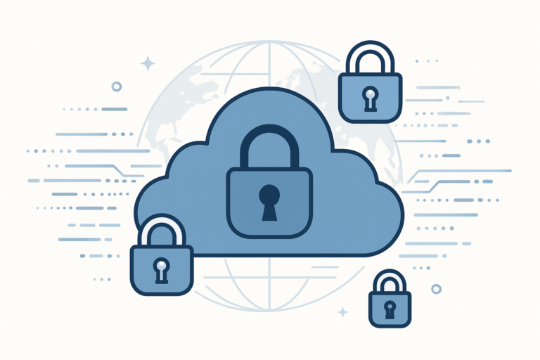 A cloud with secure locks and global data streams representing cloud security and cross-border data protection