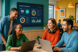 Diverse IT team collaborating in a modern office, discussing helpdesk solutions