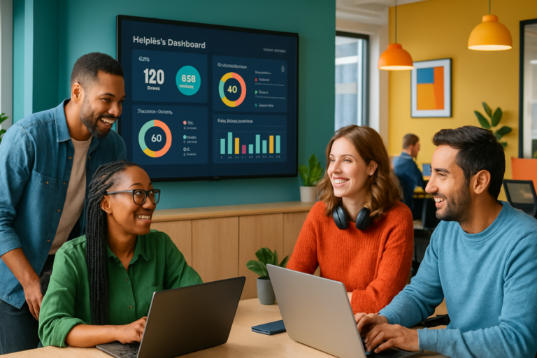 Diverse IT team collaborating in a modern office, discussing helpdesk solutions