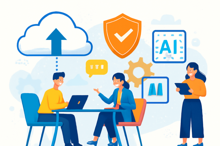 Illustration of enterprise digital transformation with cloud, security shields, AI icons, and collaboration tools