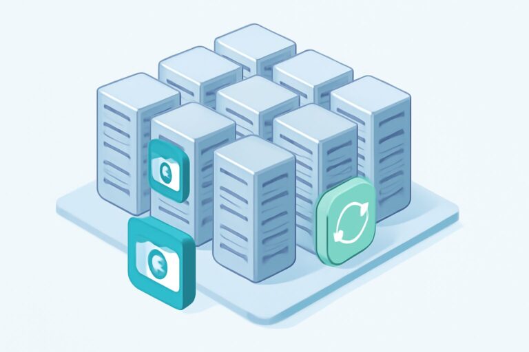 Illustration showing virtual machines with snapshot and backup icons in a data center environment