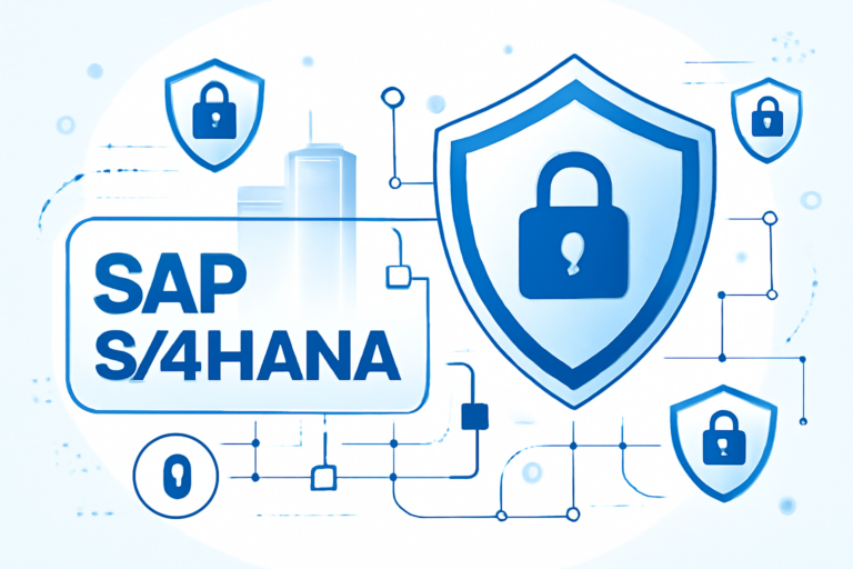 Illustration of SAP S/4HANA cybersecurity protection with digital shield and network graphics