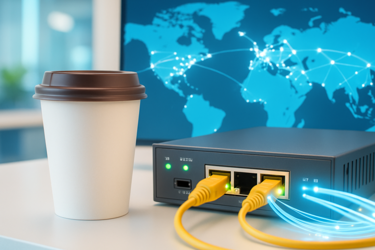 Coffee cup next to networking devices illustrating rapid SD-WAN global setup