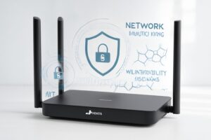 TP-Link router with security graphics illustrating CWMP vulnerability analysis