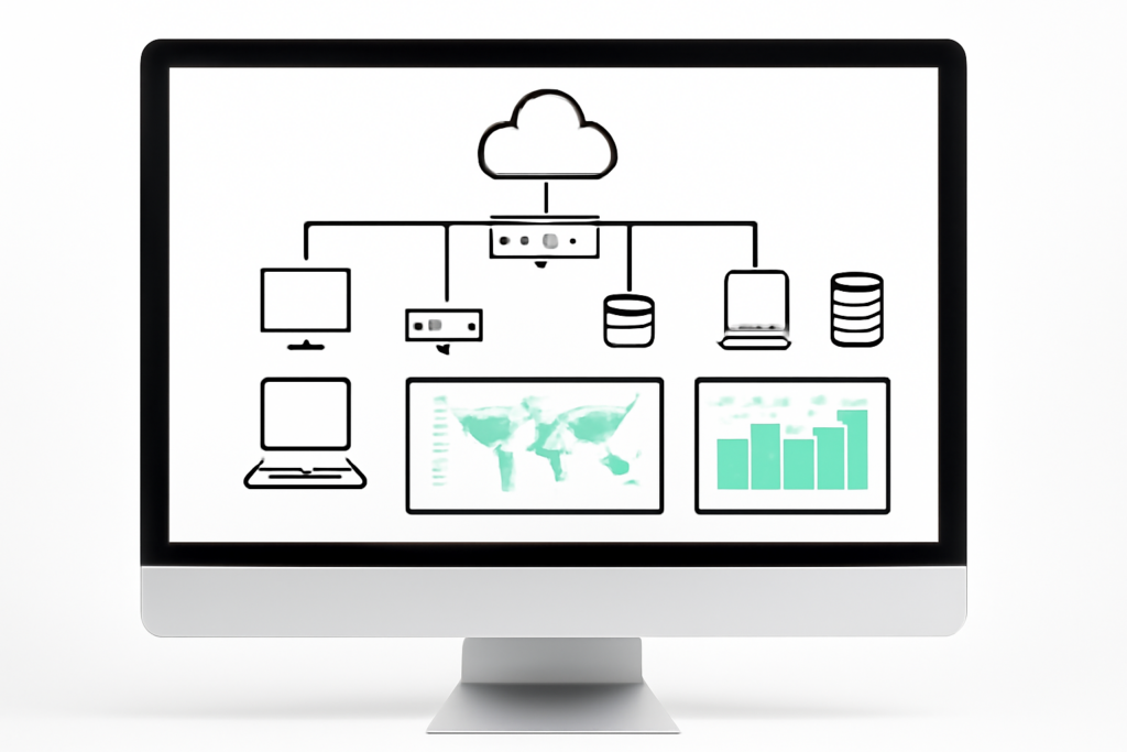 Visual representation of a modern enterprise network topology with real-time monitoring dashboards