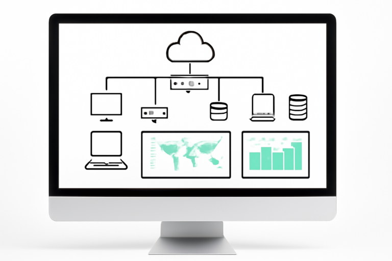 Visual representation of a modern enterprise network topology with real-time monitoring dashboards
