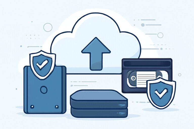 Illustration of cloud-based data backup with multiple copies across various devices and security shields