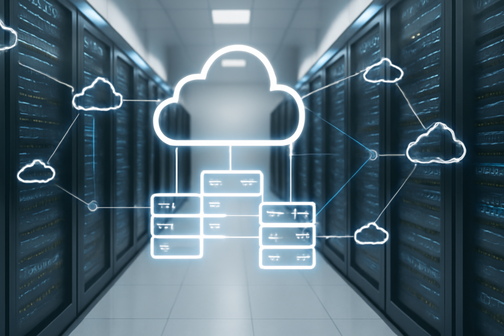 Server racks representing virtualization platforms and cloud computing