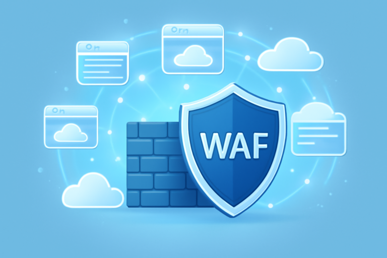 Illustration of a web application firewall shielding interconnected web and cloud icons representing cybersecurity protection