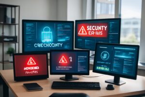 Modern office with multiple screens displaying cybersecurity monitoring dashboards and alerts