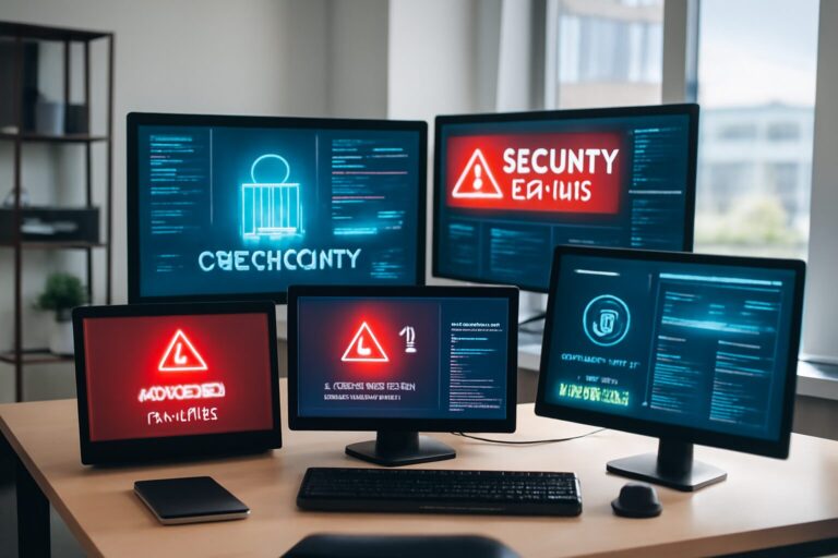 Modern office with multiple screens displaying cybersecurity monitoring dashboards and alerts