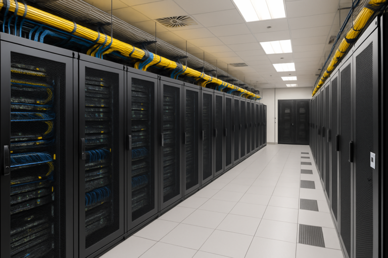 Organized cabling in a modern data center with labeled wires and server racks