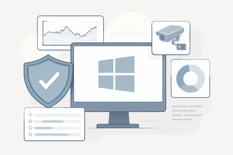 A digital illustration showing Windows system security monitoring with graphical charts and logs
