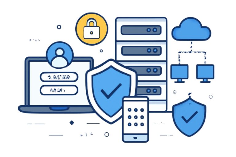 Illustration of secure network infrastructure with shield icons and multi-factor authentication symbols