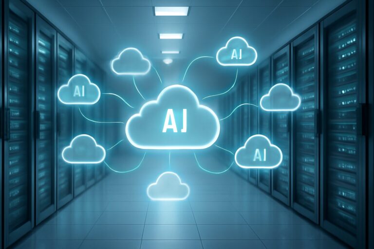 Illustration showing multiple cloud networks connected securely with AI elements in a bright futuristic setting