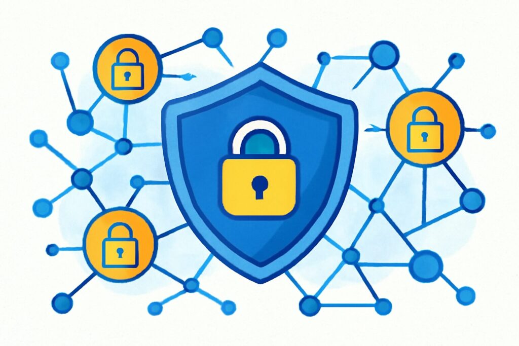 Illustration of a shield protecting a digital network symbolizing security configuration defenses in a business environment