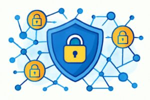 Illustration of a shield protecting a digital network symbolizing security configuration defenses in a business environment