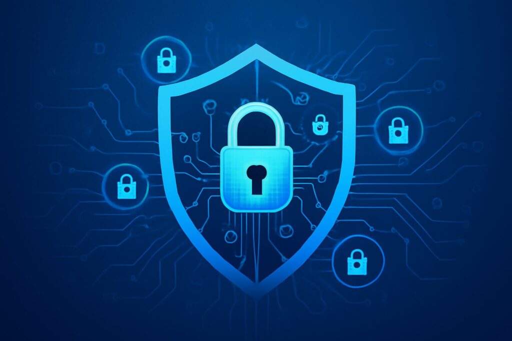 Illustration of a digital shield with locks and circuit patterns signifying cybersecurity defense