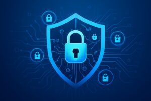 Illustration of a digital shield with locks and circuit patterns signifying cybersecurity defense
