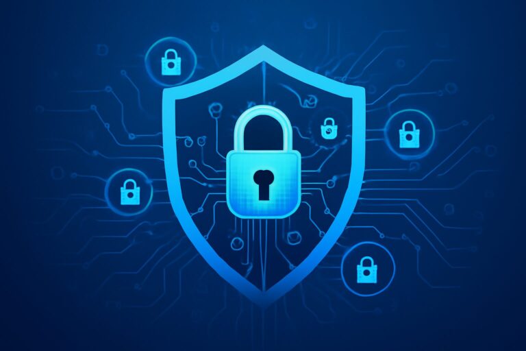 Illustration of a digital shield with locks and circuit patterns signifying cybersecurity defense
