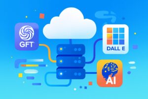 Abstract illustration showing AI models like GPT and DALL-E integrated with cloud computing services in a bright and modern design.