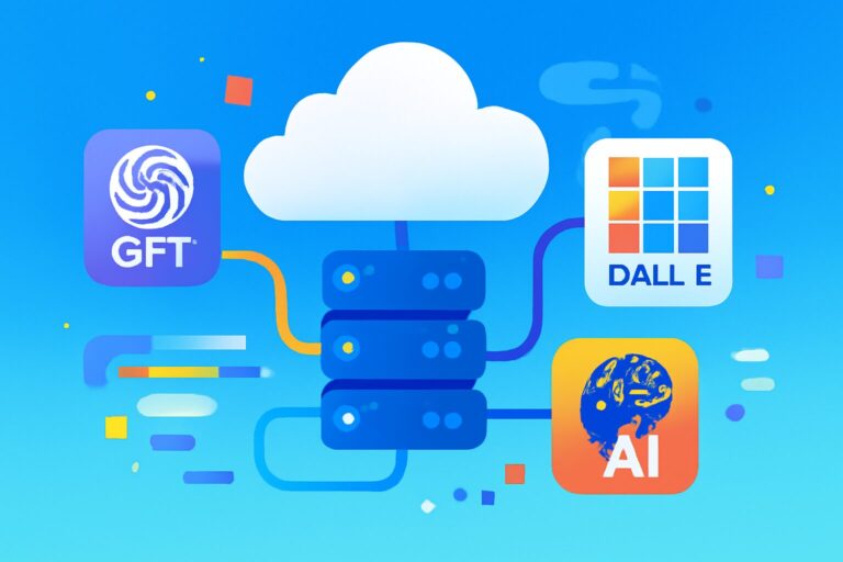 Abstract illustration showing AI models like GPT and DALL-E integrated with cloud computing services in a bright and modern design.