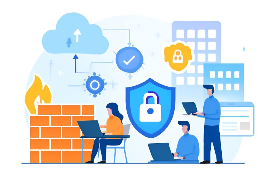 Illustration of enterprise network security with firewalls and cloud protection icons